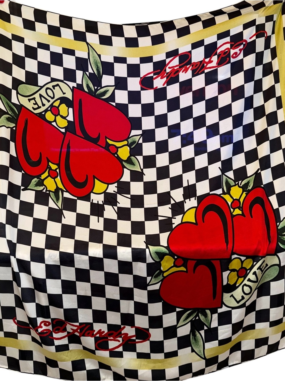 Ed Hardy 43” x 43” Checkered Hearts Scarf - NWT